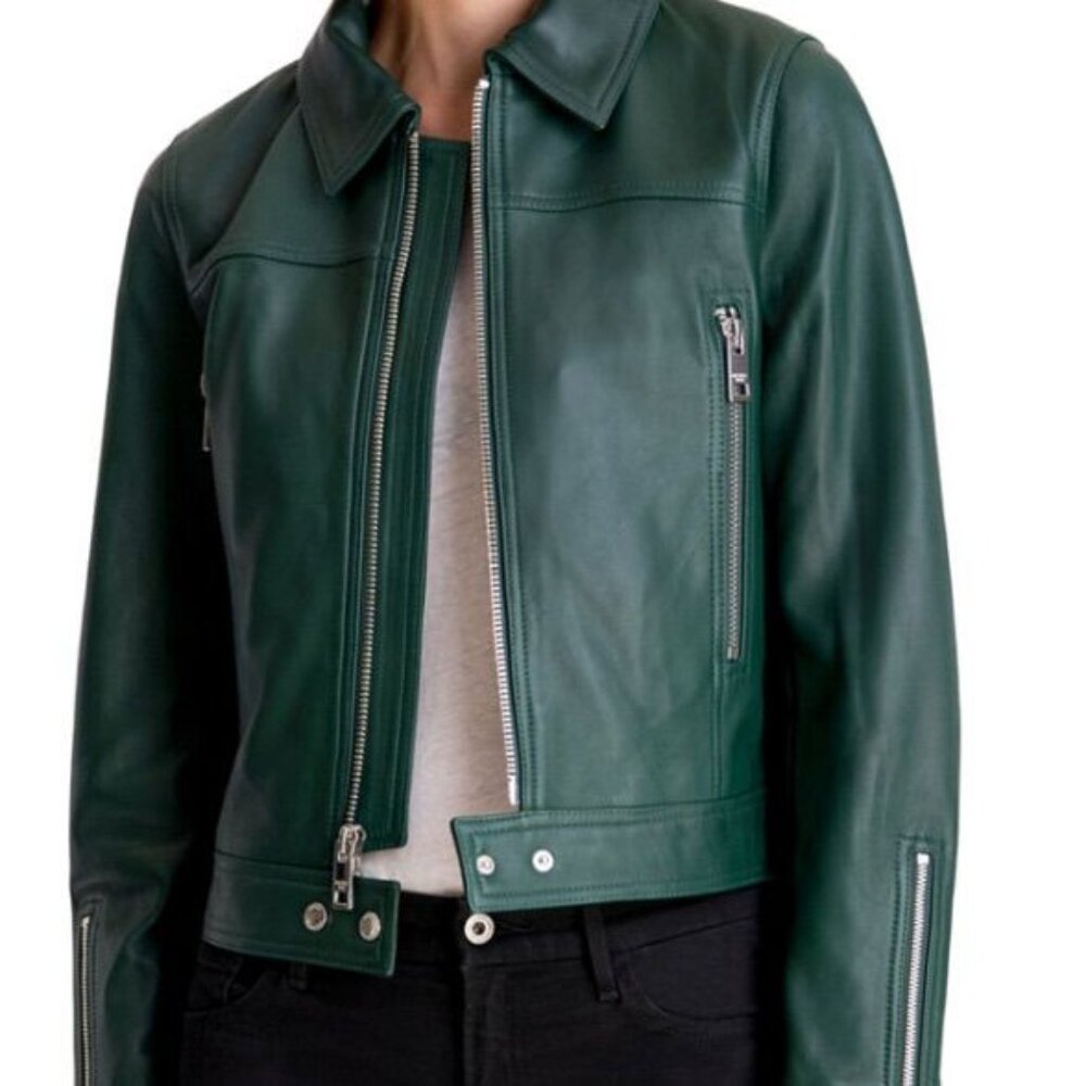 [NEW] Michael Kors Green Heavy Genuine Leather Moto Jacket- Size M